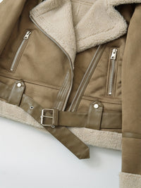 Faux Suede Aviator Jacket Women's Belted Sherpa Collar – Casual, Winter Gift