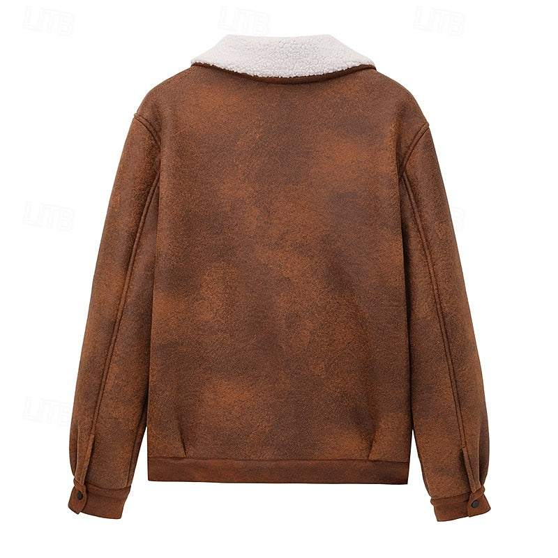 Faux Suede Sherpa Fleece Winter Jacket Men's Brown – Casual, Warm Outerwear