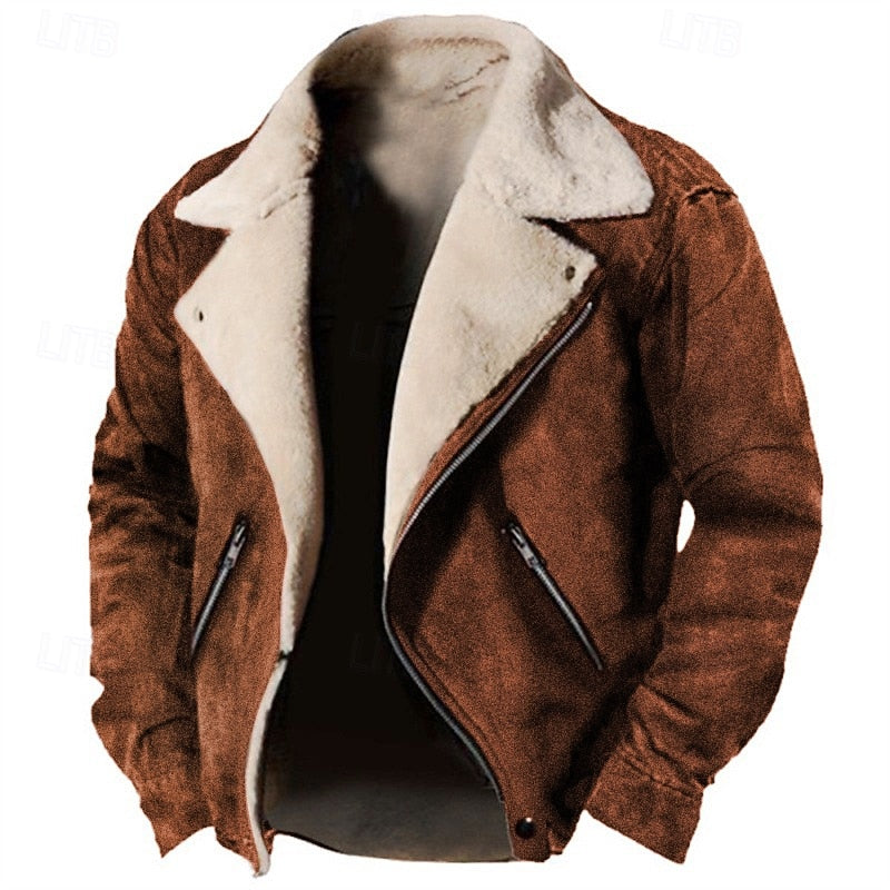 Faux Suede Sherpa Fleece Winter Jacket Men's Brown – Casual, Warm Outerwear