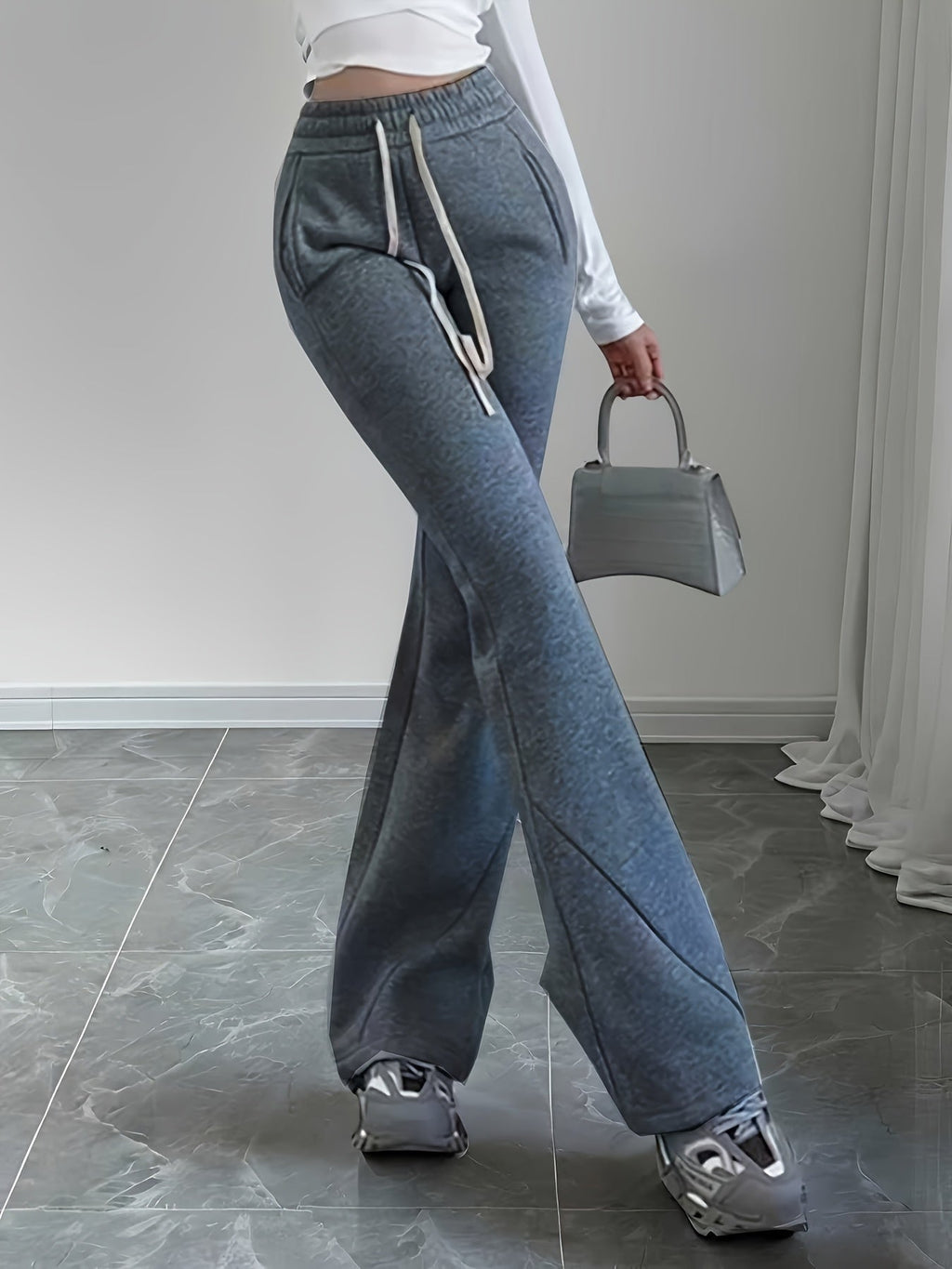 Flared Lounge Pants High-Waist Drawstring Women's – Casual, Everyday Comfort