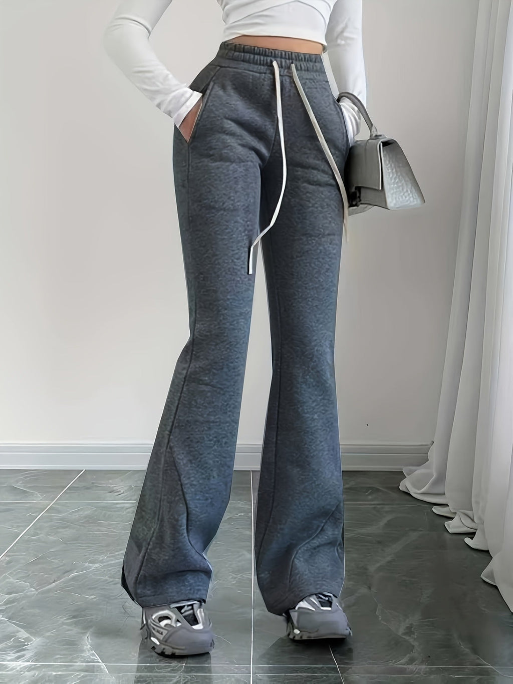 Flared Lounge Pants High-Waist Drawstring Women's – Casual, Everyday Comfort