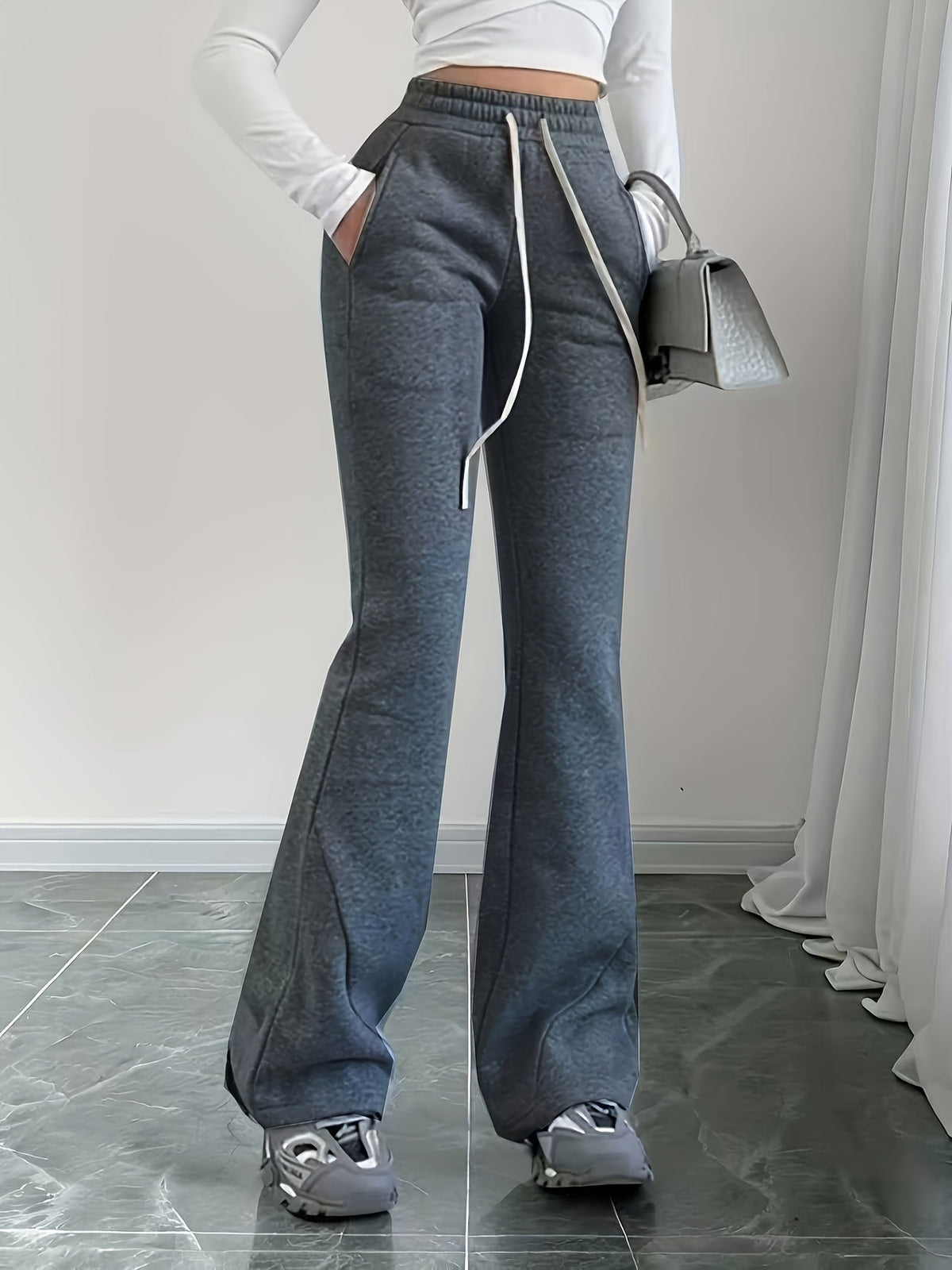 Flared Lounge Pants High-Waist Drawstring Women's – Casual, Everyday Comfort