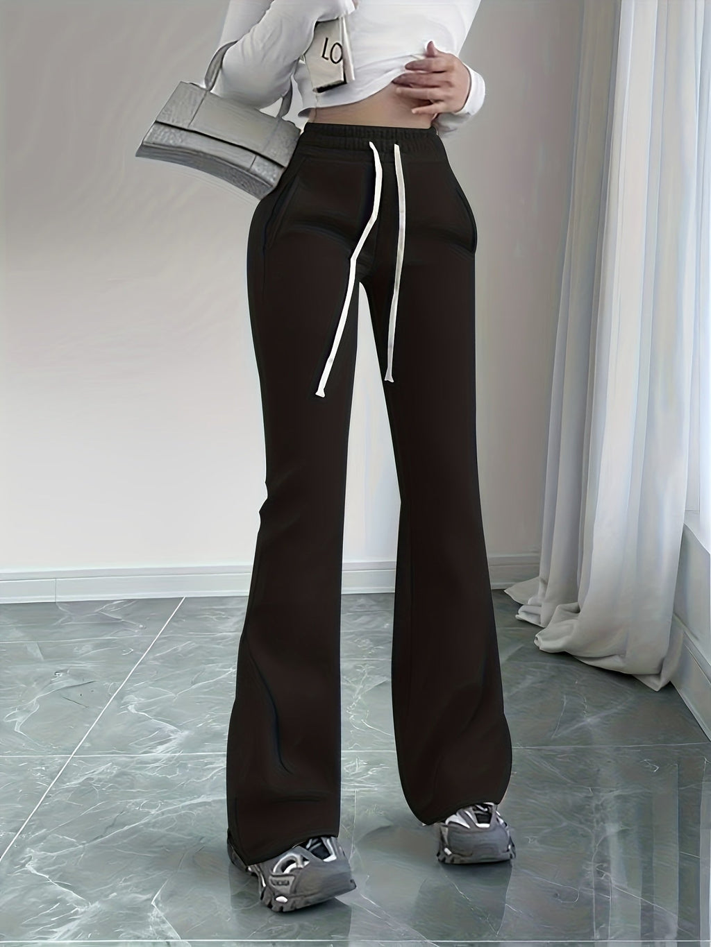Flared Lounge Pants High-Waist Drawstring Women's – Casual, Everyday Comfort