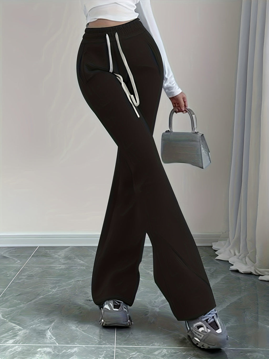 Flared Lounge Pants High-Waist Drawstring Women's – Casual, Everyday Comfort