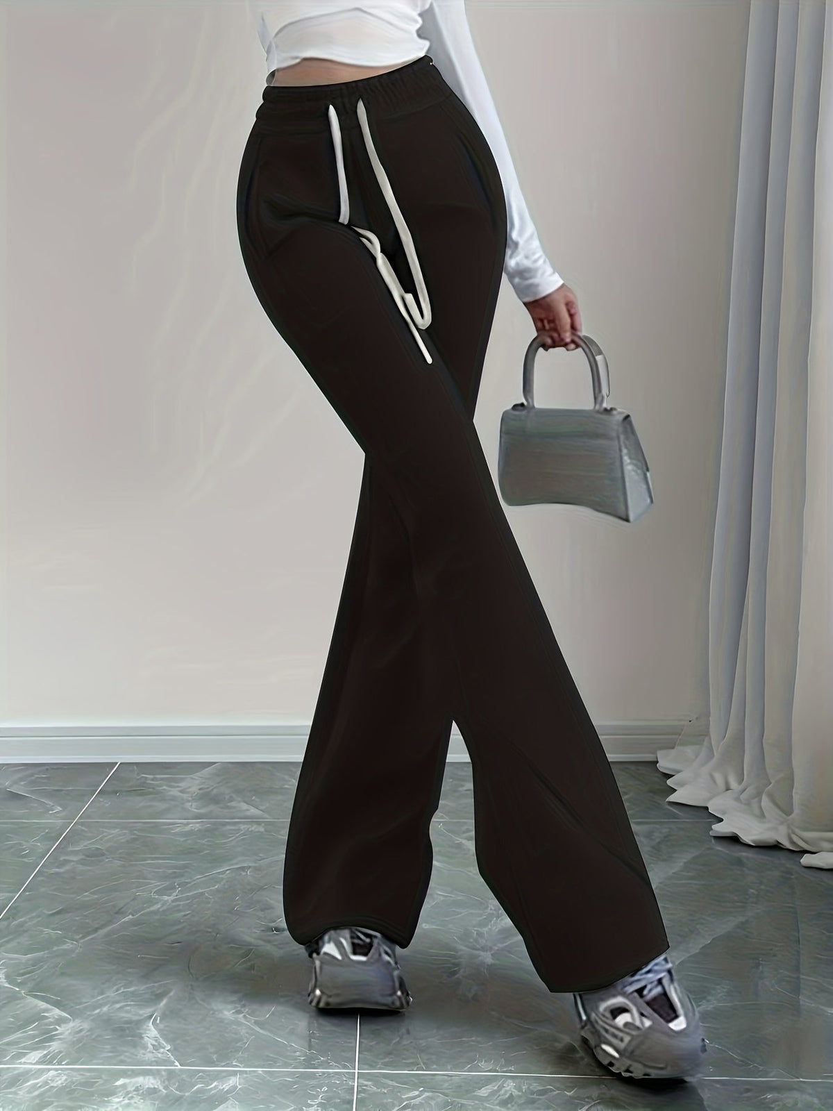 Flared Lounge Pants High-Waist Drawstring Women's – Casual, Everyday Comfort