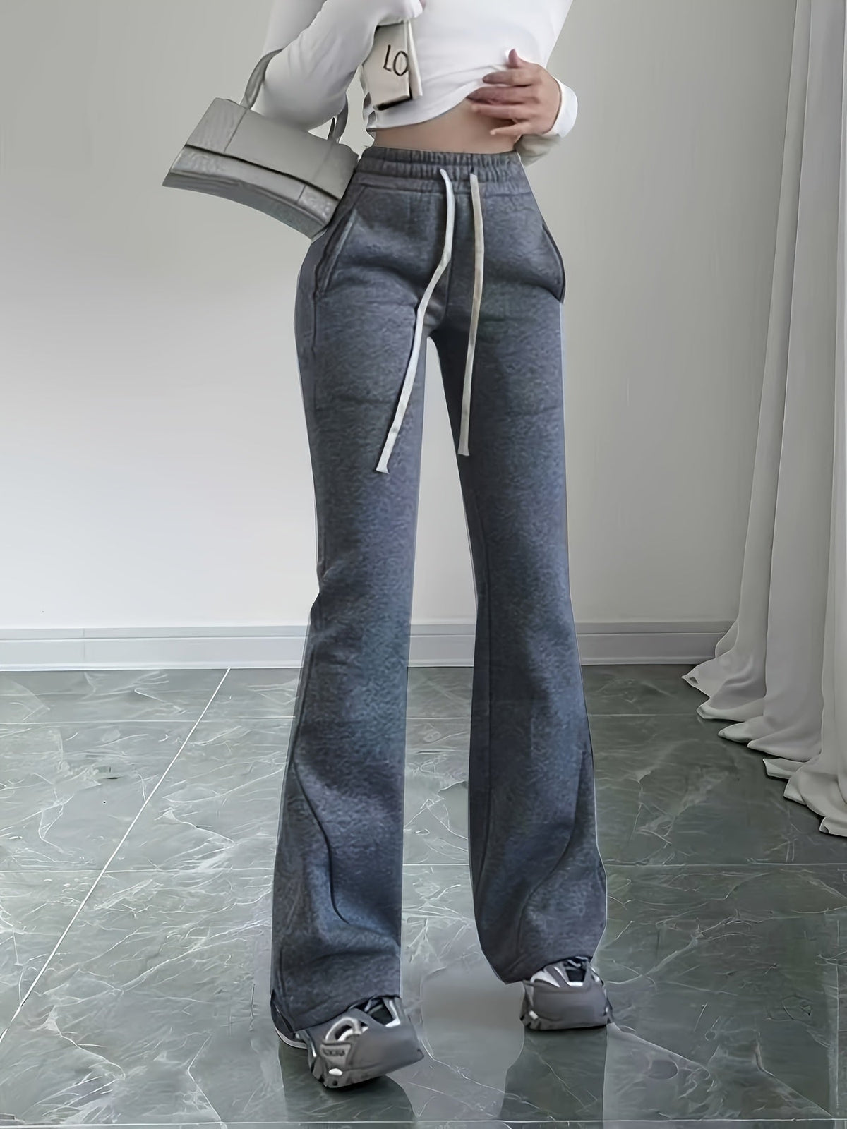 Flared Lounge Pants High-Waist Drawstring Women's – Casual, Everyday Comfort