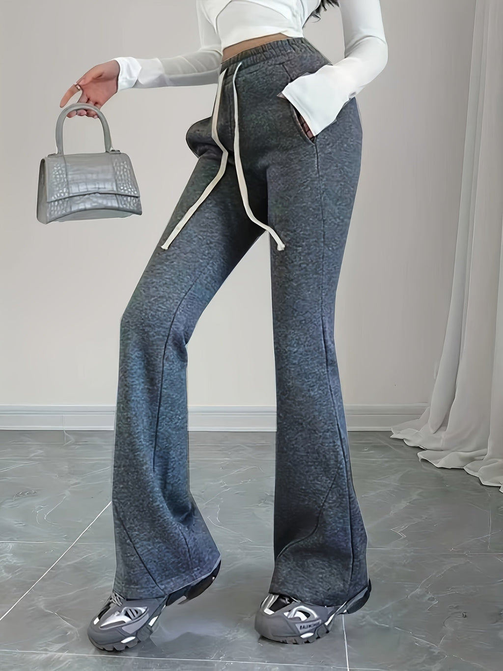 Flared Lounge Pants High-Waist Drawstring Women's – Casual, Everyday Comfort