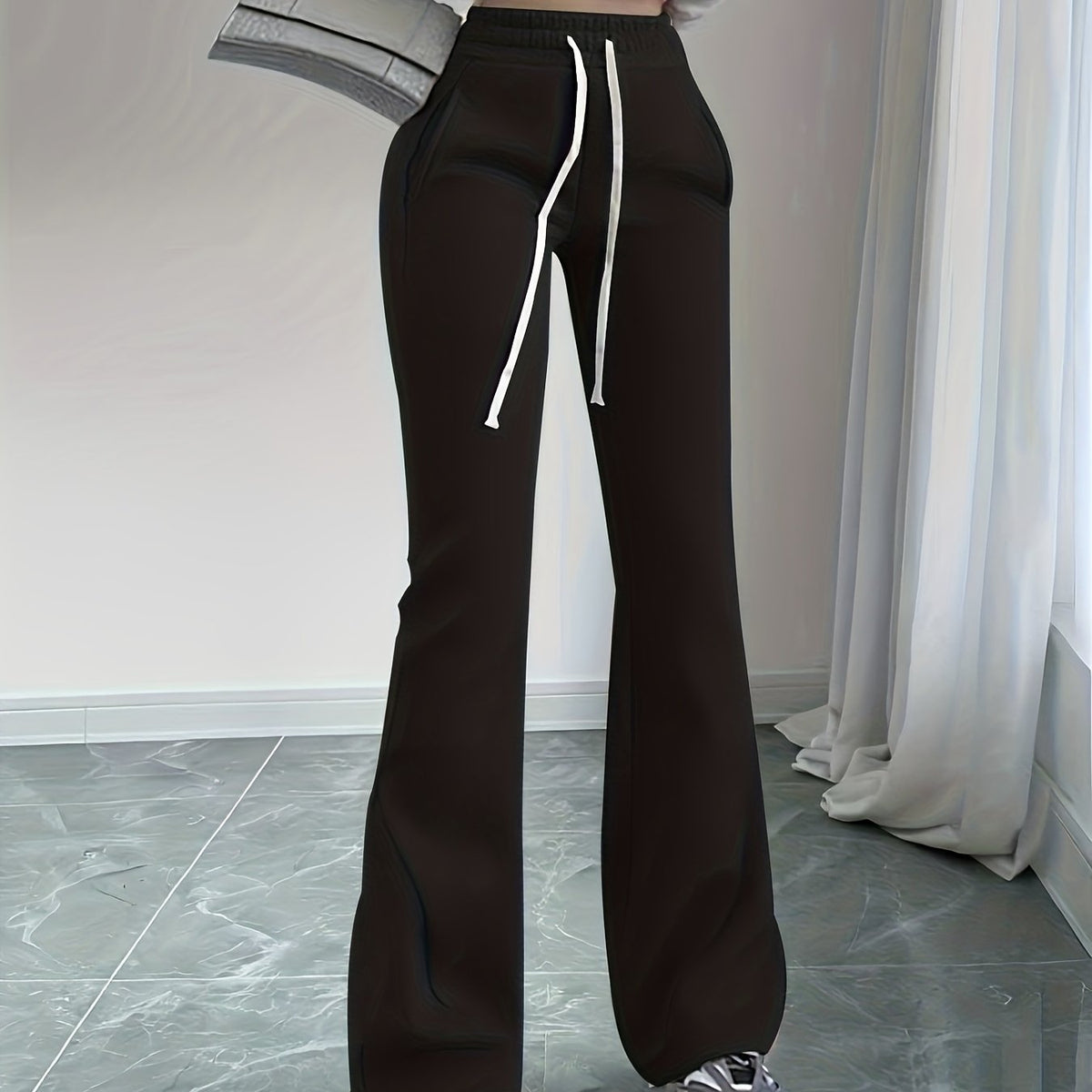 Flared Lounge Pants High-Waist Drawstring Women's – Casual, Everyday Comfort