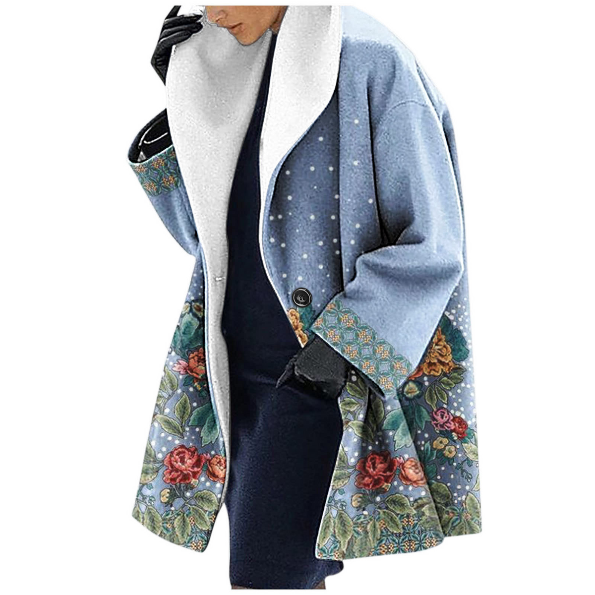 Fleece Coat Women's Floral Print Red Shawl Collar – Casual, Winter