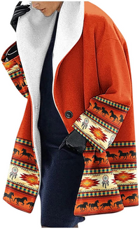 Fleece Coat Women's Floral Print Red Shawl Collar – Casual, Winter