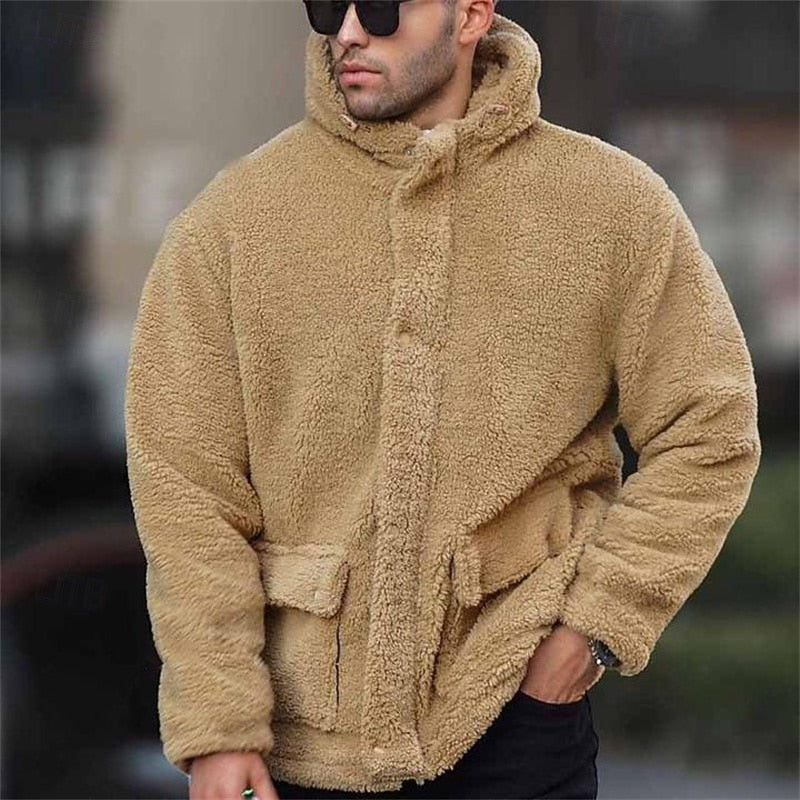 Fleece Hooded Jacket Men's Sherpa Denim Patchwork – Casual, Winter Outerwear