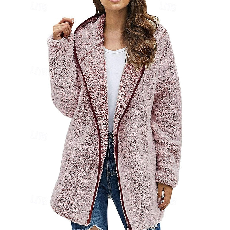 Fleece Hooded Jacket Women's Long Sleeve Wine Red – Casual, Winter Gift