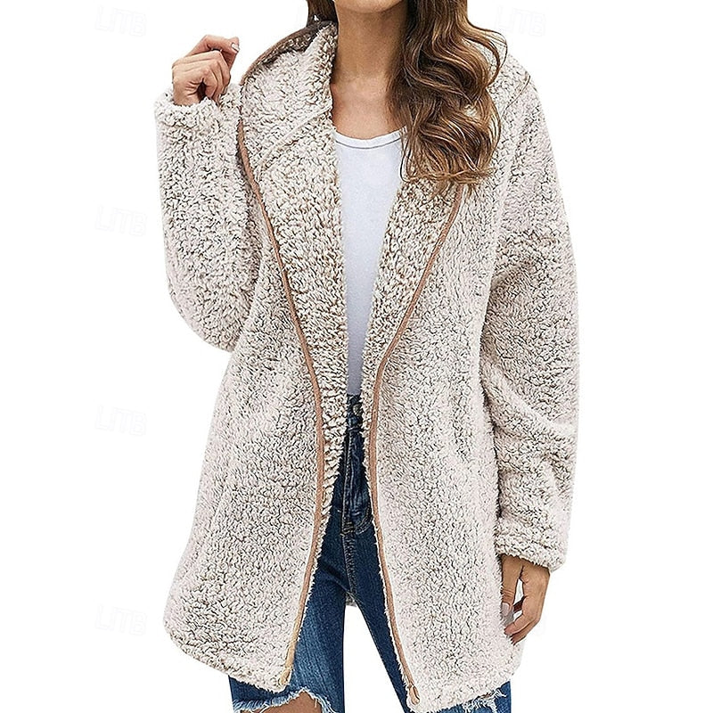 Fleece Hooded Jacket Women's Long Sleeve Wine Red – Casual, Winter Gift