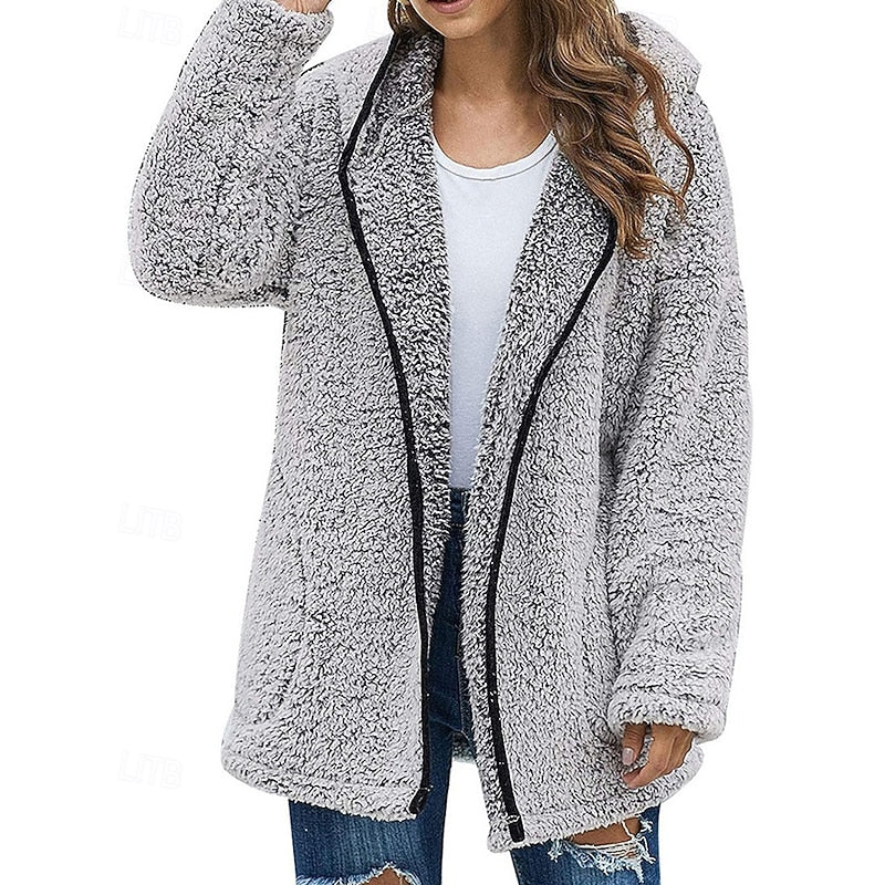 Fleece Hooded Jacket Women's Long Sleeve Wine Red – Casual, Winter Gift