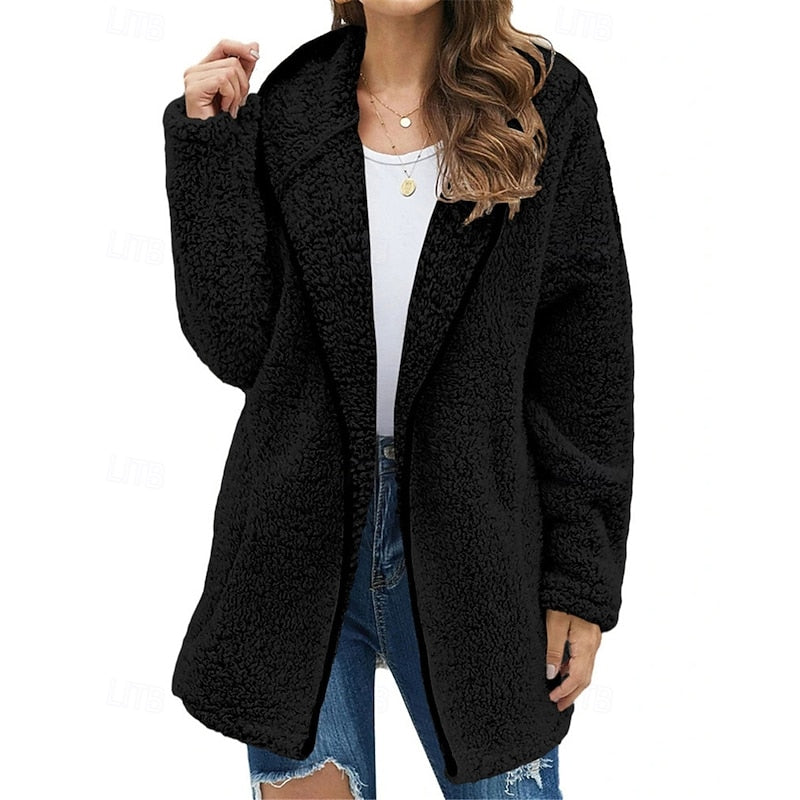 Fleece Hooded Jacket Women's Long Sleeve Wine Red – Casual, Winter Gift