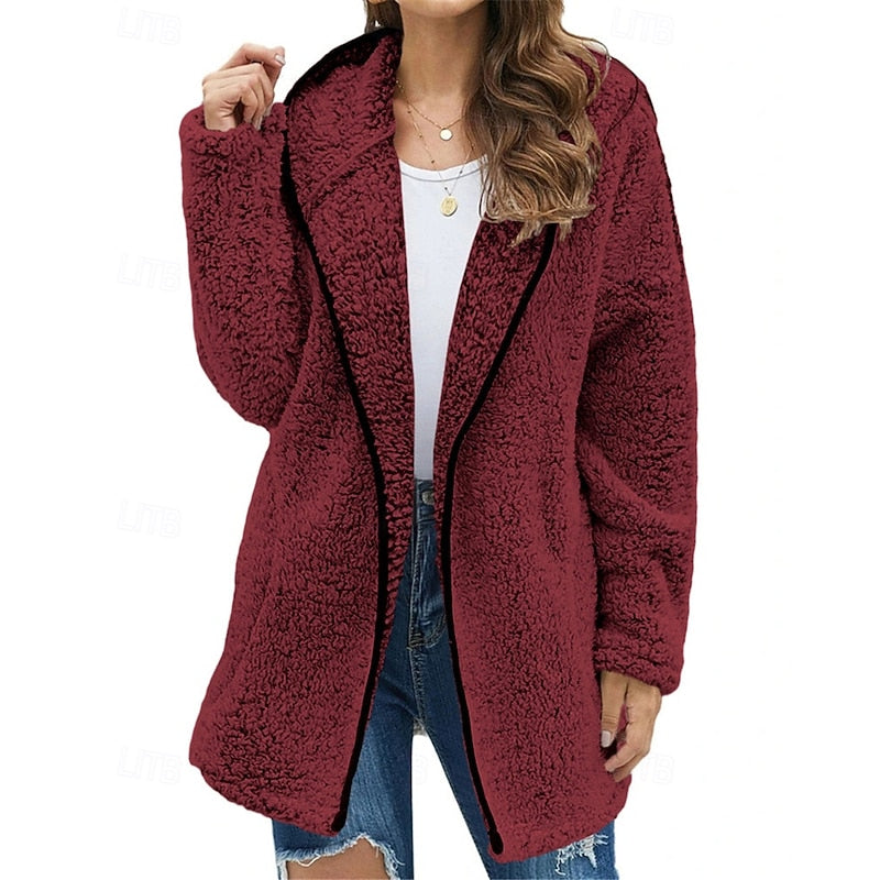 Fleece Hooded Jacket Women's Long Sleeve Wine Red – Casual, Winter Gift