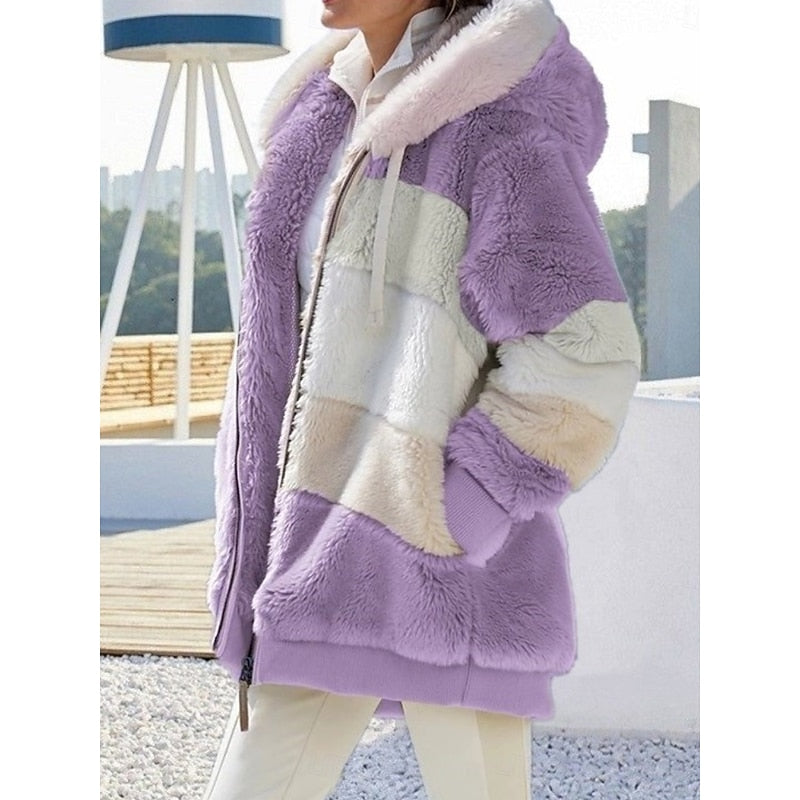 Fleece Hooded Zip-Up Jacket Women's Color Block Green – Casual, Winter