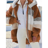 Fleece Hooded Zip-Up Jacket Women's Color Block Green – Casual, Winter