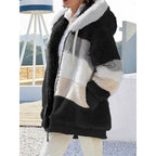 Fleece Hooded Zip-Up Jacket Women's Color Block Green – Casual, Winter