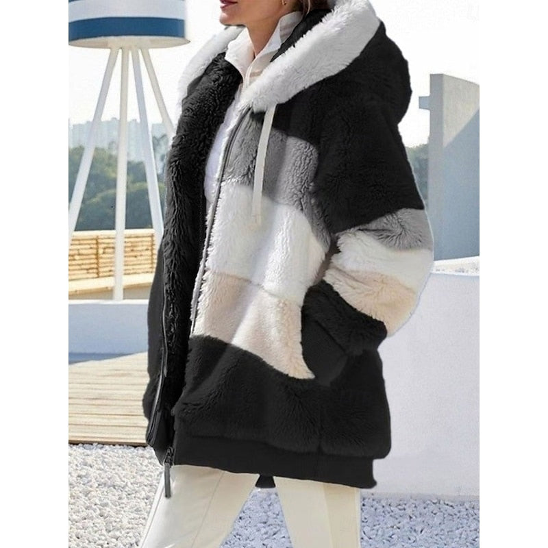 Fleece Hooded Zip-Up Jacket Women's Color Block Green – Casual, Winter