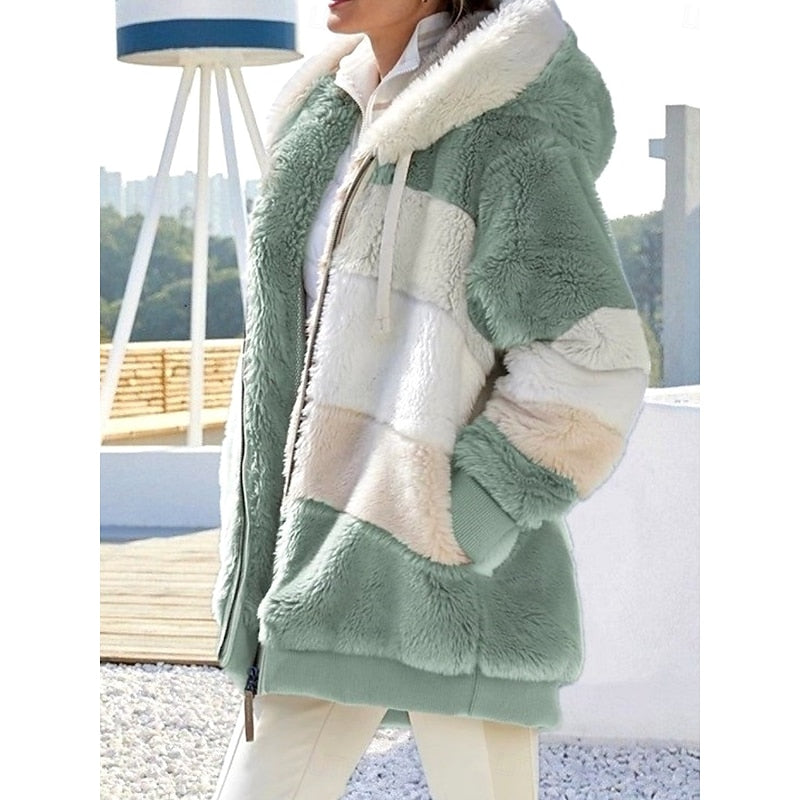 Fleece Hooded Zip-Up Jacket Women's Color Block Green – Casual, Winter
