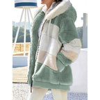 Fleece Hooded Zip-Up Jacket Women's Color Block Green – Casual, Winter
