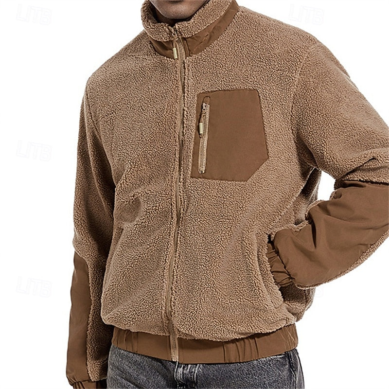 Fleece Jacket Men's Full-Zip Sherpa Coat with Zip Pocket – Casual, Outdoor Warmth