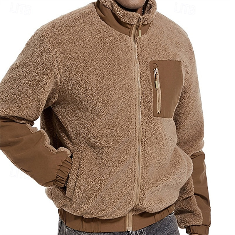 Fleece Jacket Men's Full-Zip Sherpa Coat with Zip Pocket – Casual, Outdoor Warmth