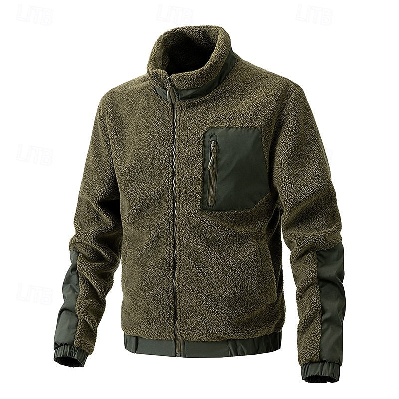 Fleece Jacket Men's Full-Zip Sherpa Coat with Zip Pocket – Casual, Outdoor Warmth