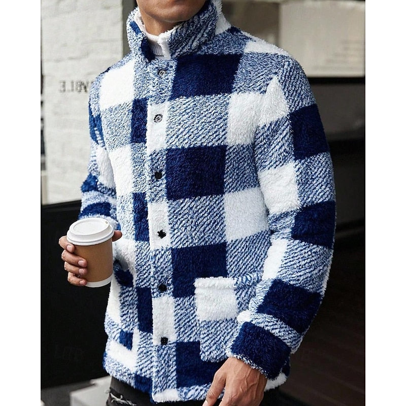 Fleece Jacket Men's Plaid Brown White Zip-Up – Casual, Winter