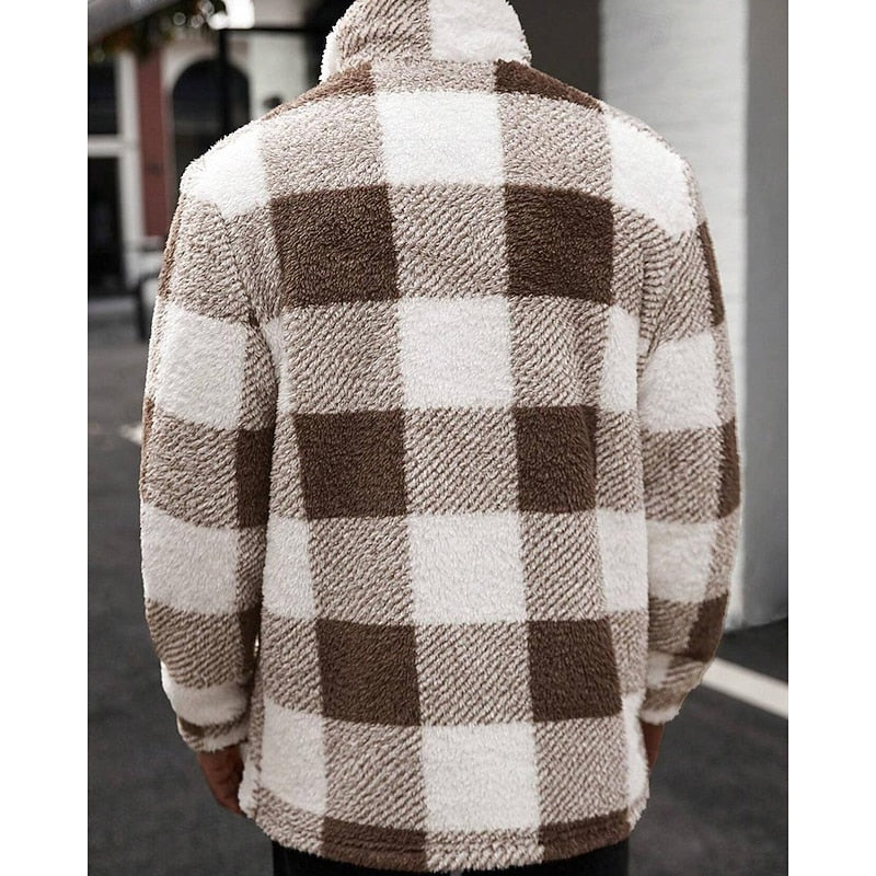 Fleece Jacket Men's Plaid Brown White Zip-Up – Casual, Winter