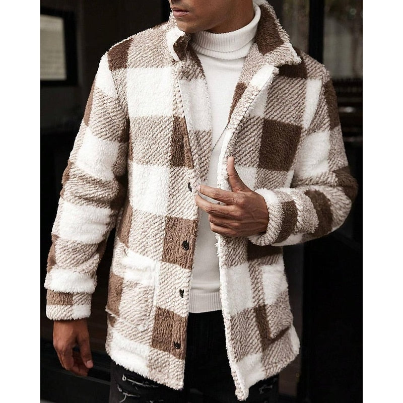 Fleece Jacket Men's Plaid Brown White Zip-Up – Casual, Winter