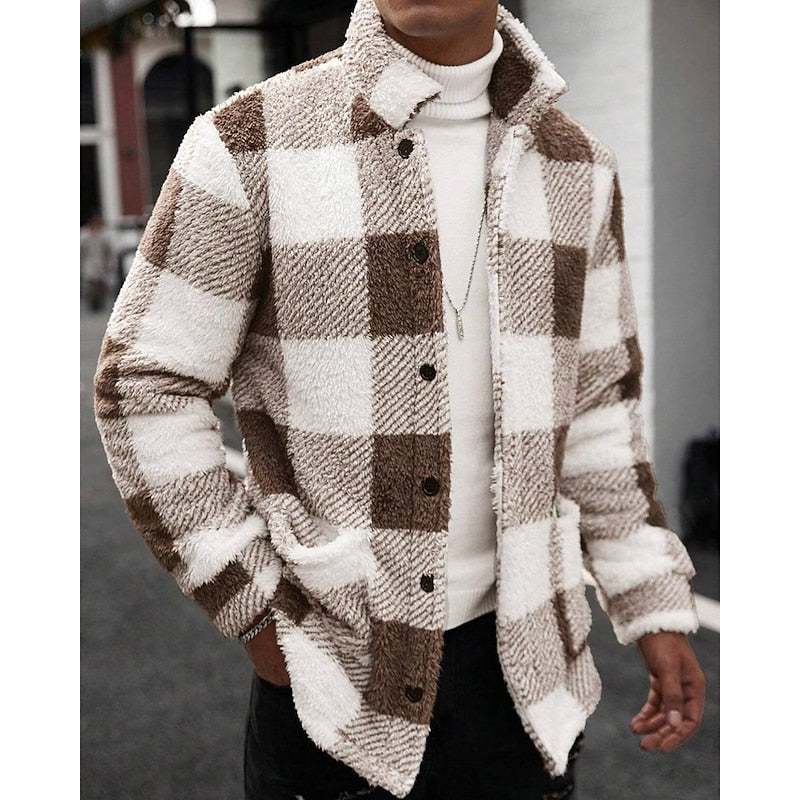 Fleece Jacket Men's Plaid Brown White Zip-Up – Casual, Winter