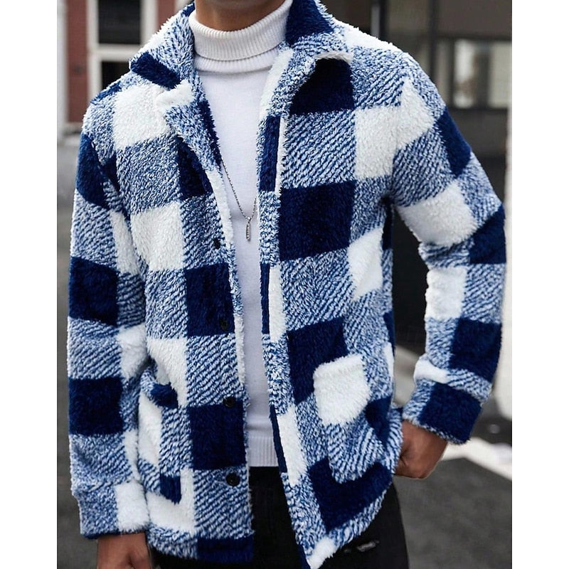 Fleece Jacket Men's Plaid Brown White Zip-Up – Casual, Winter