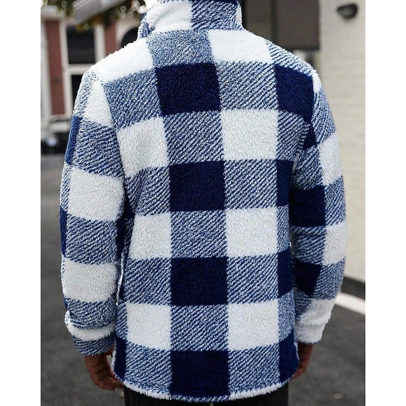 Fleece Jacket Men's Plaid Brown White Zip-Up – Casual, Winter