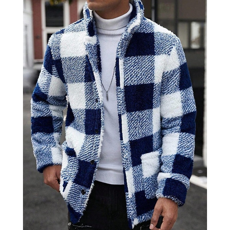 Fleece Jacket Men's Plaid Brown White Zip-Up – Casual, Winter