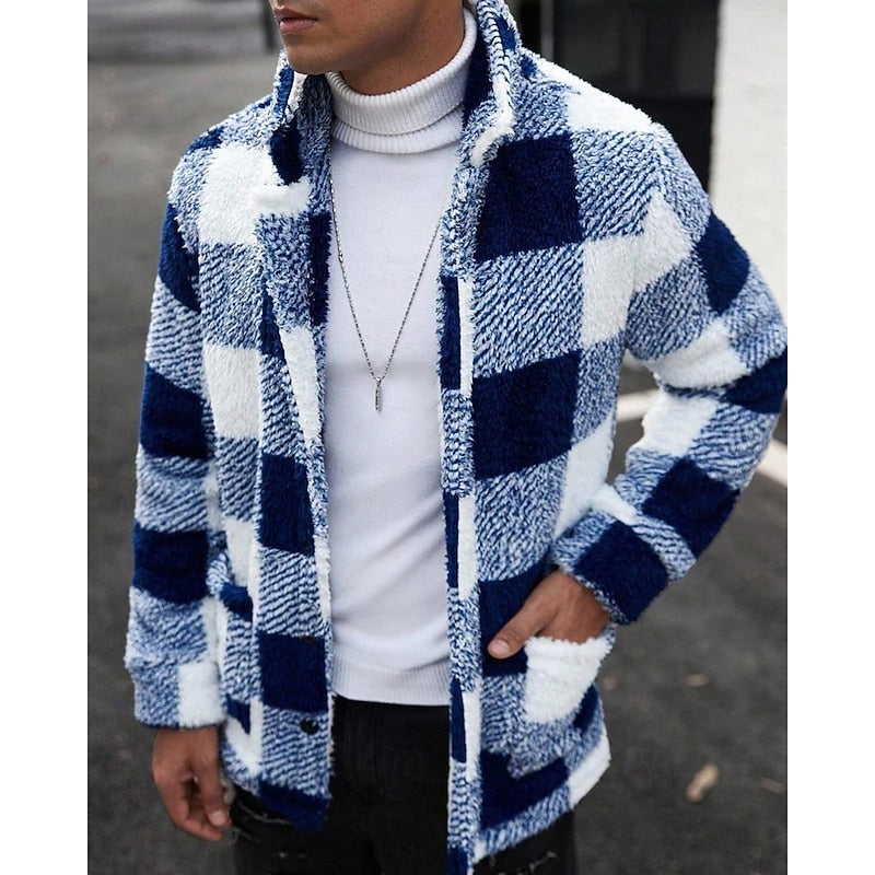 Fleece Jacket Men's Plaid Brown White Zip-Up – Casual, Winter