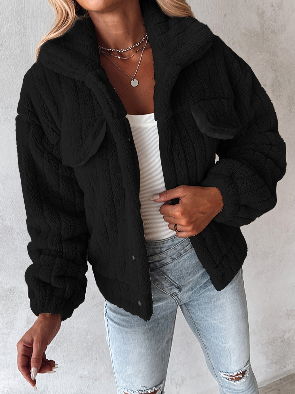 Fleece Jacket Women's Black Textured – Casual, Winter Warmth