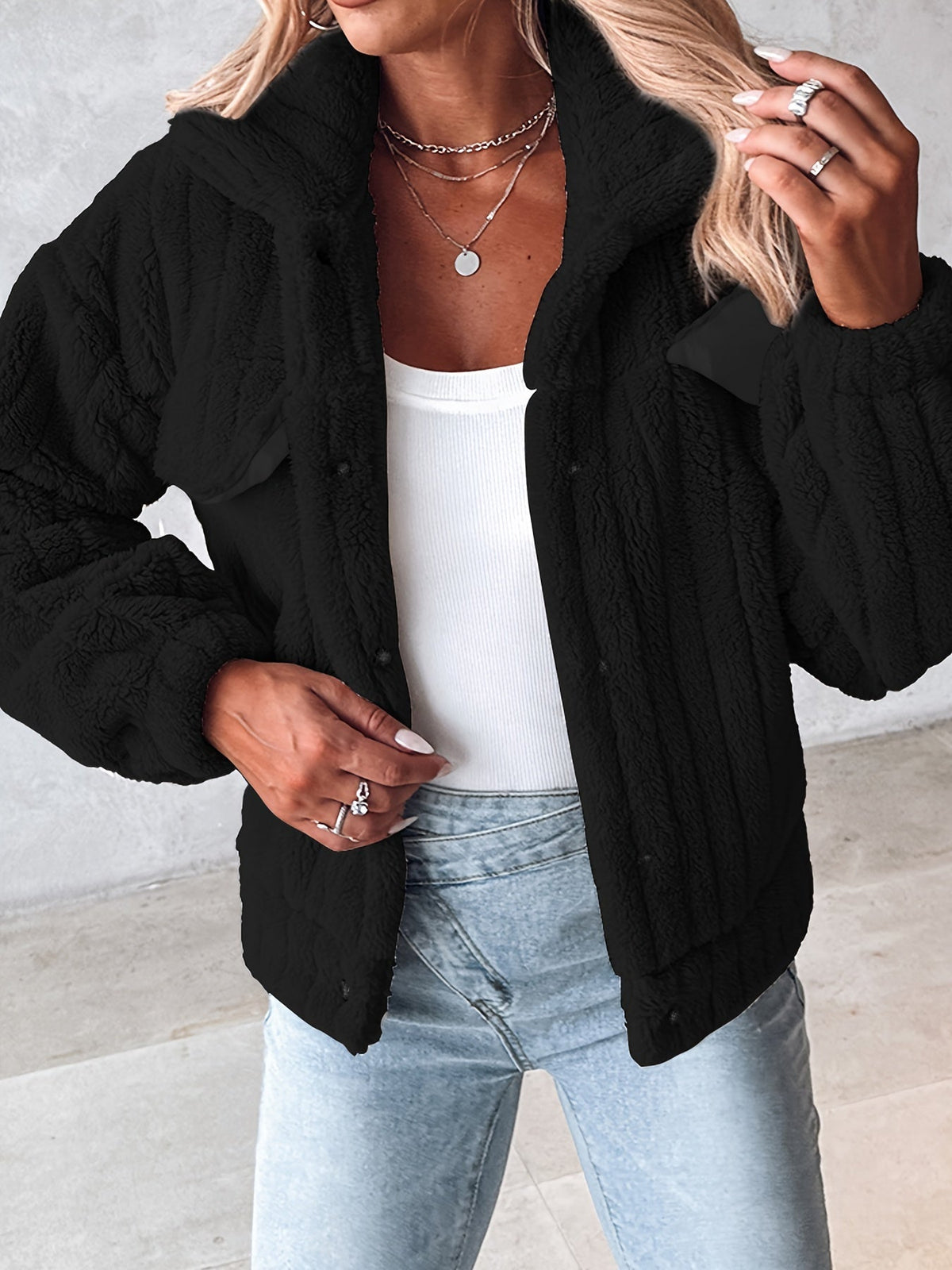 Fleece Jacket Women's Black Textured – Casual, Winter Warmth