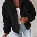 Fleece Jacket Women's Black Textured – Casual, Winter Warmth