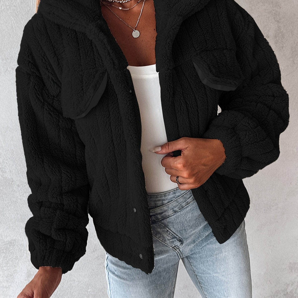 Fleece Jacket Women's Black Textured – Casual, Winter Warmth