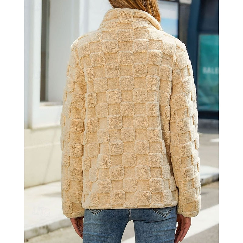 Fleece Jacket Women's Textured Zip-Up Beige – Casual Winter Outerwear, Everyday Wear