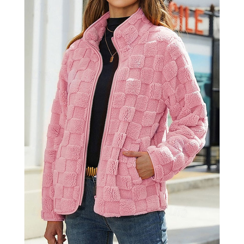 Fleece Jacket Women's Textured Zip-Up Beige – Casual Winter Outerwear, Everyday Wear