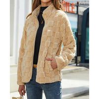Fleece Jacket Women's Textured Zip-Up Beige – Casual Winter Outerwear, Everyday Wear