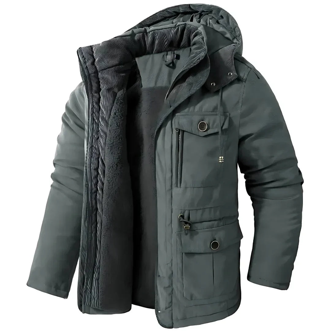 Hooded Parka Men's Winter Jacket Khaki Multi-Pocket – Casual, Outdoor