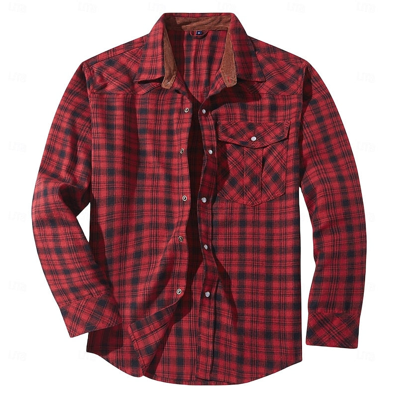 Fleece-Lined Flannel Shirt Jacket Men's Red Long Sleeve – Casual, Winter Wear