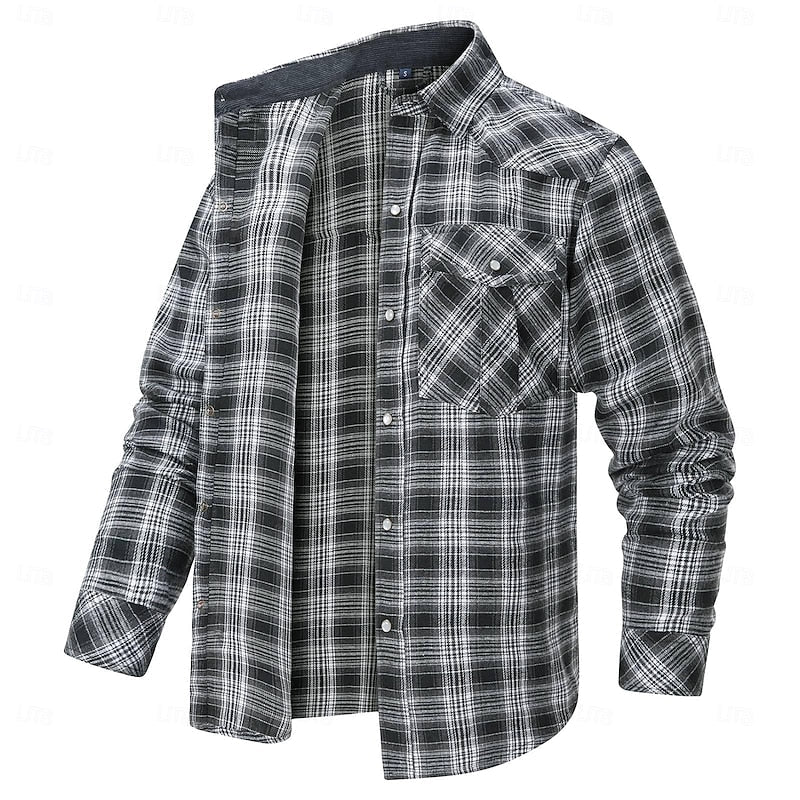 Fleece-Lined Flannel Shirt Jacket Men's Red Long Sleeve – Casual, Winter Wear