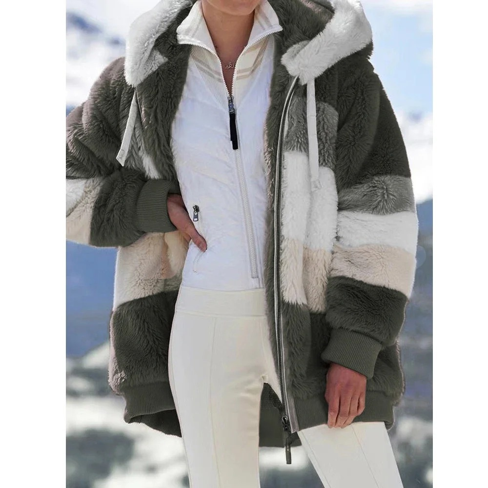Fleece Teddy Jacket Women's Hooded Colorblock Zip-Up Coat – Casual, Winter