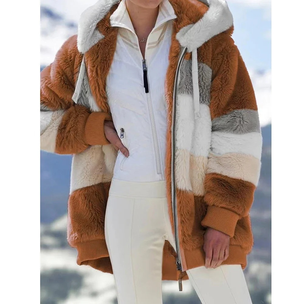 Fleece Teddy Jacket Women's Hooded Colorblock Zip-Up Coat – Casual, Winter