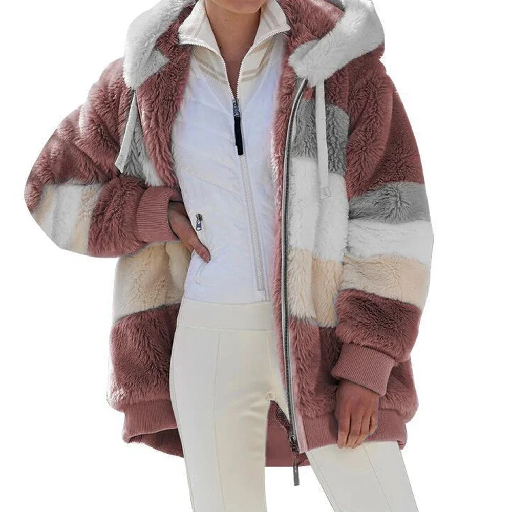 Fleece Teddy Jacket Women's Hooded Colorblock Zip-Up Coat – Casual, Winter
